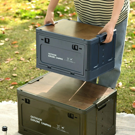 30L Collapsible Storage Bin with Wooden Lid Portable Storage Container Large Capacity Side Open Home Outdoor Store Camping Items - Bivakshop