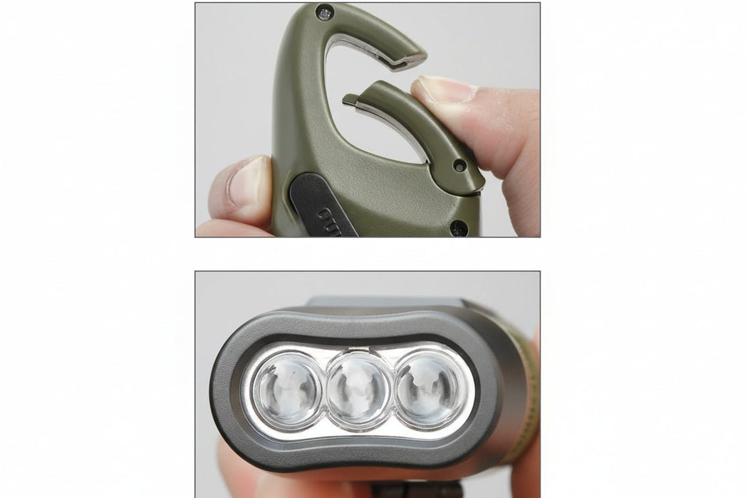 3LED draagbare zaklamp – Met karabijnhaak – Zonne‑energie & Dynamo - Bivakshop