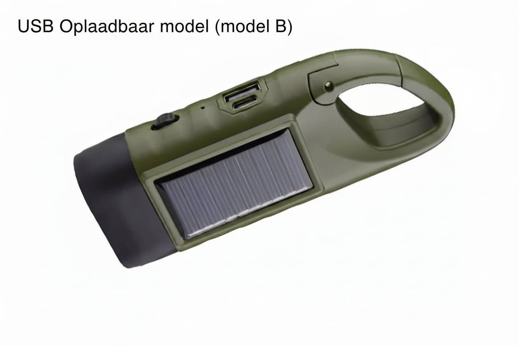 3LED draagbare zaklamp – Met karabijnhaak – Zonne‑energie & Dynamo - Bivakshop
