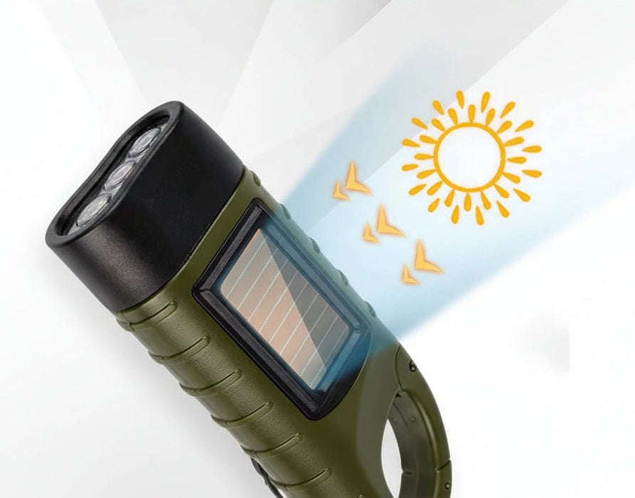 3LED draagbare zaklamp – Met karabijnhaak – Zonne‑energie & Dynamo - Bivakshop