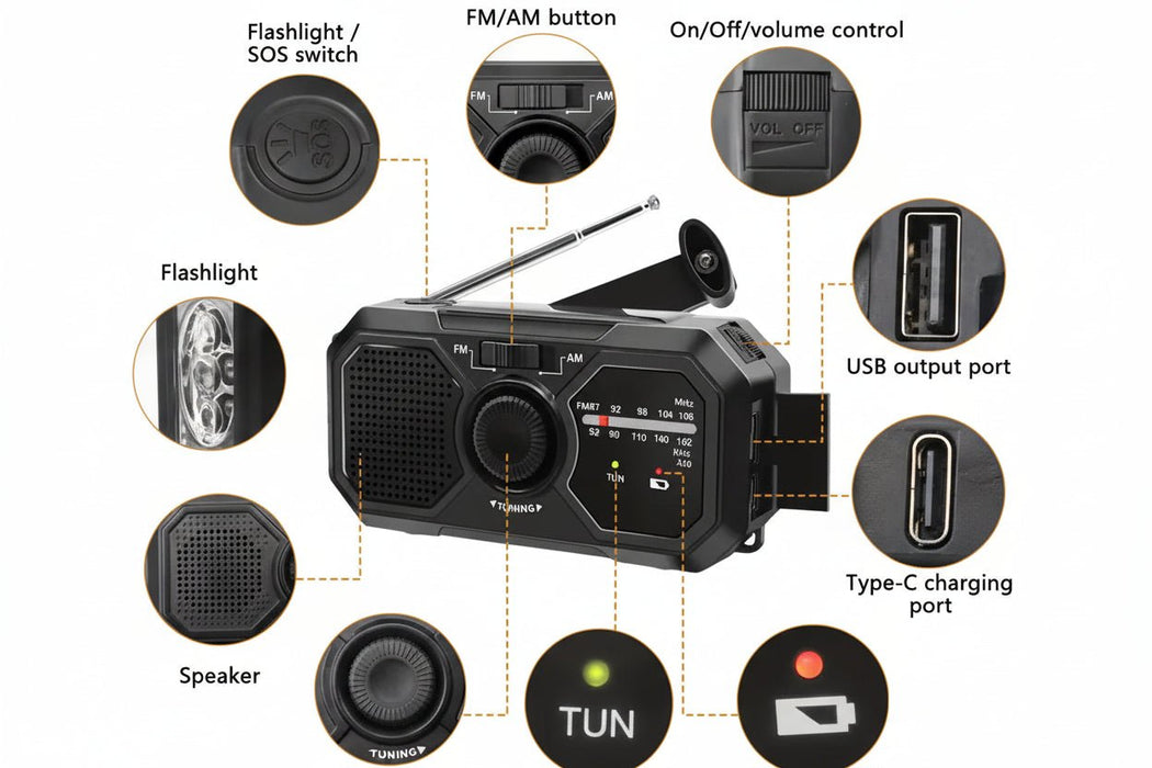 4 - in - 1 Noodradio met Zonnepaneel & Dynamo – AM/FM & Powerbank - Bivakshop