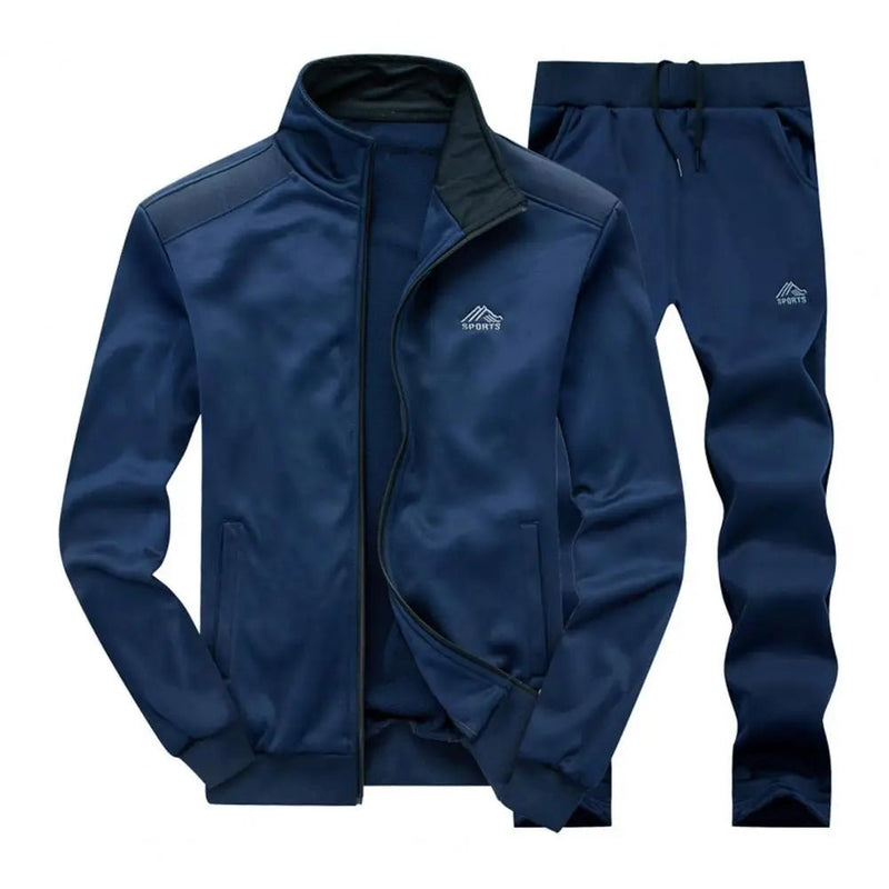 Heren oversized joggingpak set met rits, opstaande kraag en lange broek. Gemaakt van katoen-polyester mix voor comfort en warmte in de herfst en winter.