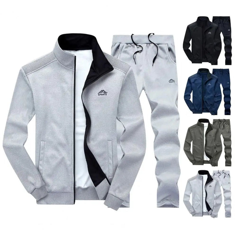 Heren oversized joggingpak set met rits, opstaande kraag en lange broek. Gemaakt van katoen-polyester mix voor comfort en warmte in de herfst en winter.