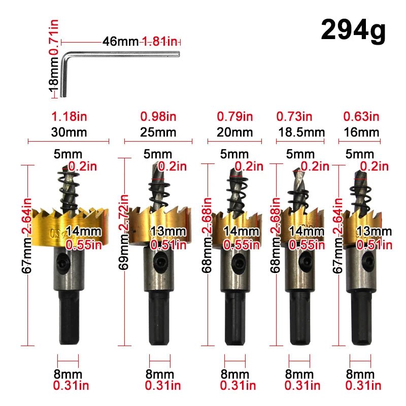 5 - delige HSS titanium gecoate gatenzaag set - Voor hout, aluminium en ijzer - 16 - 30 mm boorbits - Bivakshop