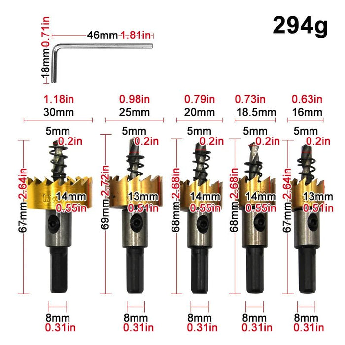 5 - delige HSS titanium gecoate gatenzaag set - Voor hout, aluminium en ijzer - 16 - 30 mm boorbits - Bivakshop