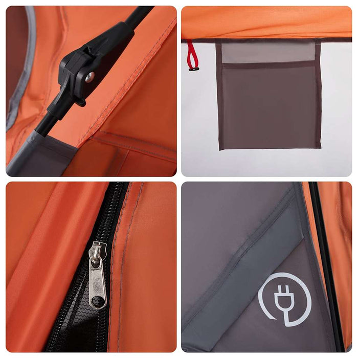 Grijze kampeertent met oranje accenten en automatisch snelontgrendelingssysteem - Bivakshop.nl