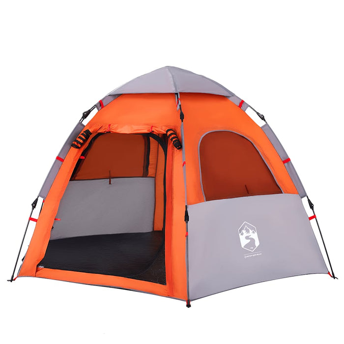 Grijze kampeertent met oranje accenten en automatisch snelontgrendelingssysteem - Bivakshop.nl