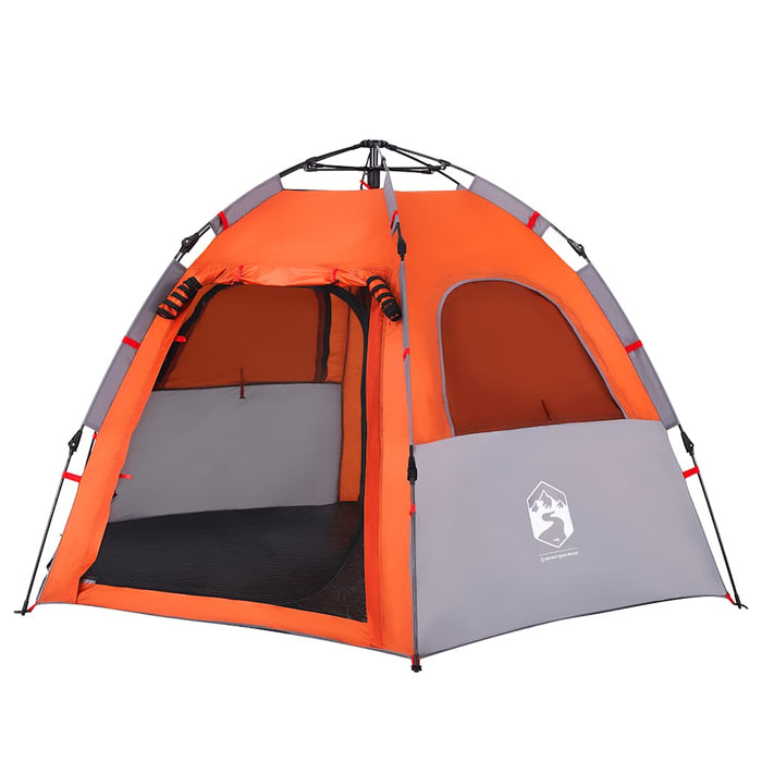 Grijze kampeertent met oranje accenten en automatisch snelontgrendelingssysteem - Bivakshop.nl