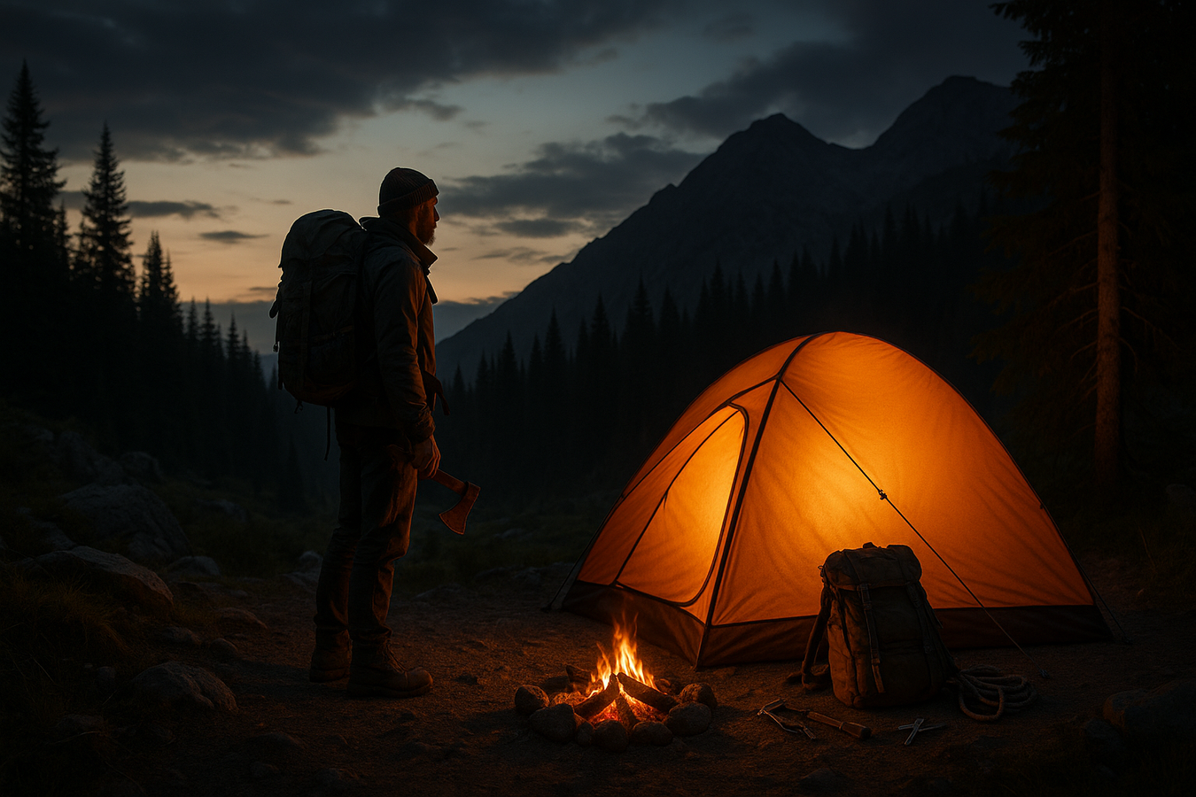 A rugged, dramatic outdoor scene showing a lone hiker or camper near a glowing tent in a dense forest or mountain area at dusk. The right side of the image is filled with warm tones from a campfire or lantern, while the left side is slightly darker and more open, with natural shadows and space—ideal for placing white overlay text. Include survival gear like a backpack, axe, ropes, or multi-tool subtly in the scene. The style should be cinematic and high-resolution, with rich contrast and natural colors.