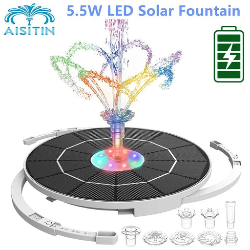 AISITIN 5.5W LED Solar Fountain, Solar Water Fountains with 3000mAh Battery 6 Nozzles, for Bird Bath, Garden and Outdoor,etc. - Bivakshop