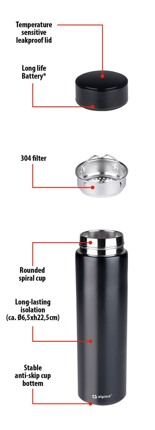 Alpina – Digitale thermofles – LED temperatuurdisplay – RVS isoleerfles 480ml - Bivakshop