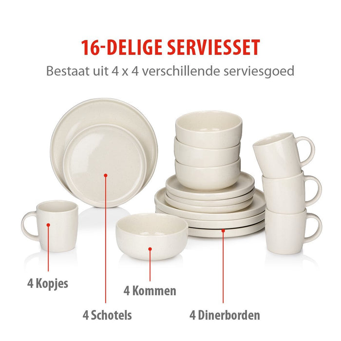 Alpina – Servies Set 16 - Delig – Duurzaam Stoneware / Aardewerk - Créme - Bivakshop