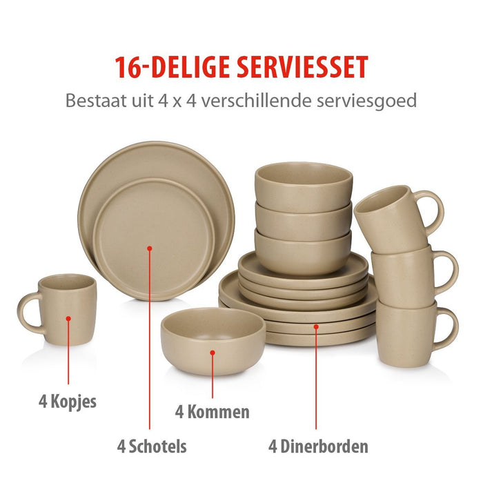 Alpina - Servies Set 16 - Delig - Duurzaam Stoneware / Aardewerk - Zandkleur - Bivakshop