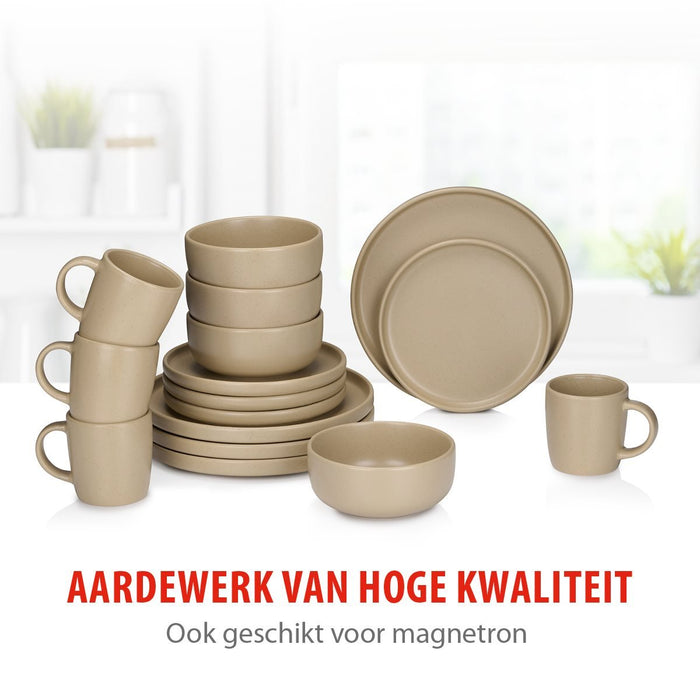 Alpina - Servies Set 16 - Delig - Duurzaam Stoneware / Aardewerk - Zandkleur - Bivakshop