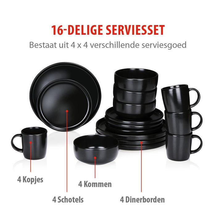Alpina – Servies Set 16 - Delig – Duurzaam Stoneware / Aardewerk - Zwart - Bivakshop
