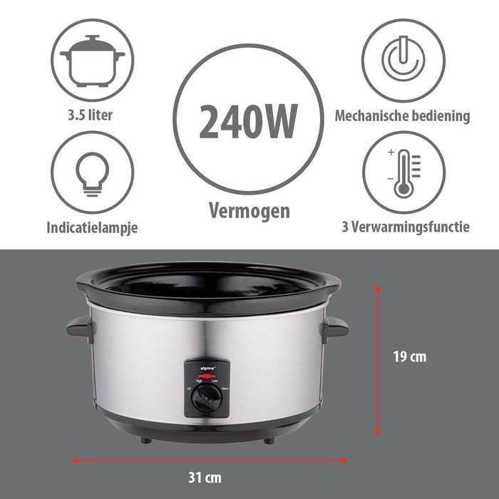 Alpina - Slow Cooker 3,5L – 240W – Voor Smaakvol & Moeiteloos Langzaam Koken - Bivakshop