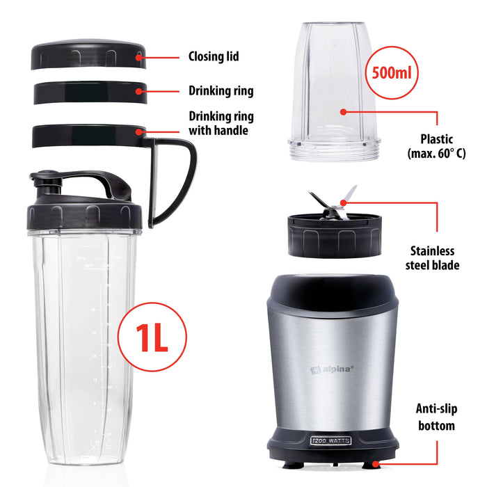 Alpina - Smoothie Maker – 1200W – RVS Design – Krachtig & Geschikt voor IJs - Bivakshop