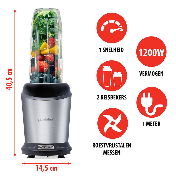 Alpina - Smoothie Maker – 1200W – RVS Design – Krachtig & Geschikt voor IJs - Bivakshop