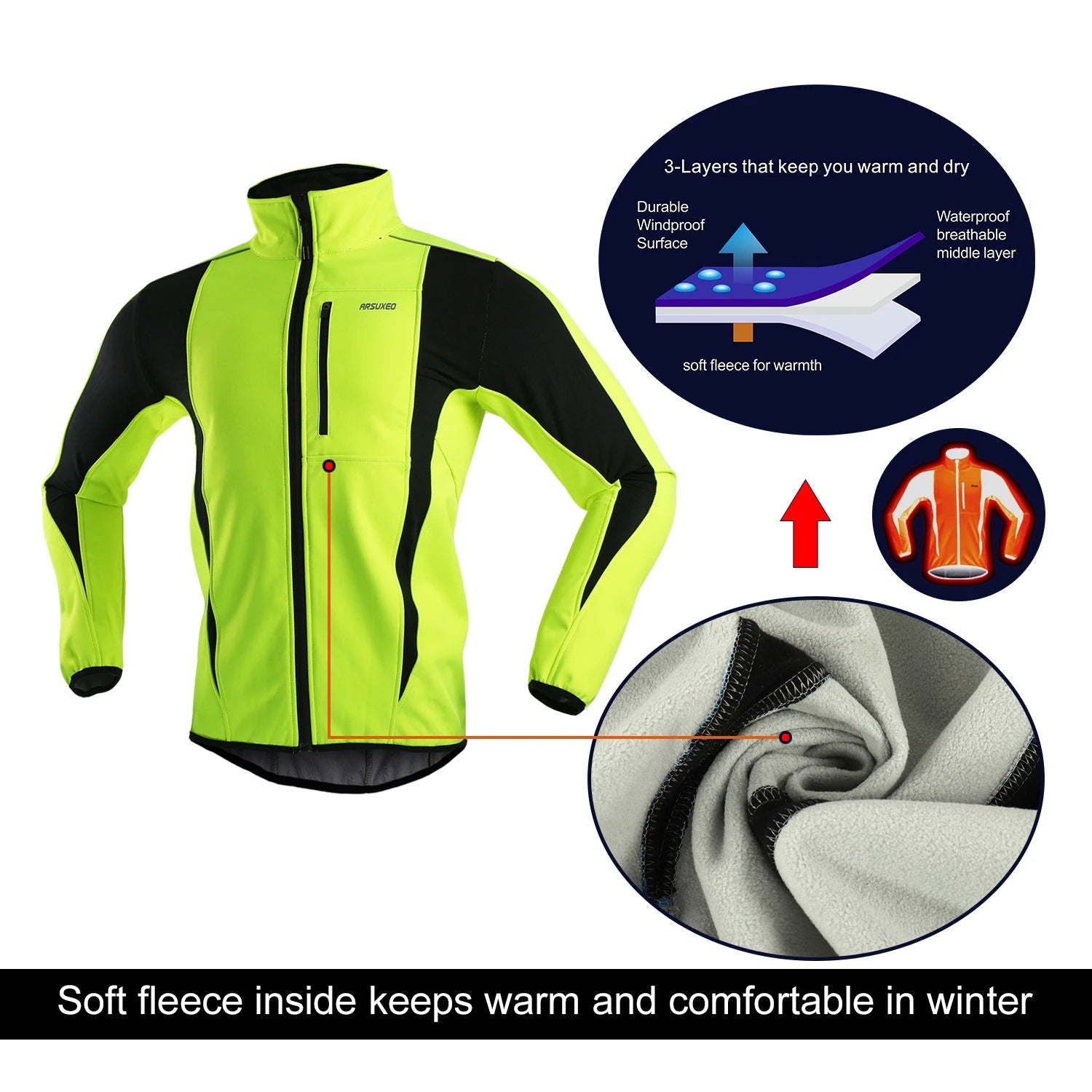 ARSUXEO Thermisch Fietsjack - Reflecterend Softshell Wielerjas voor Heren - Bivakshop