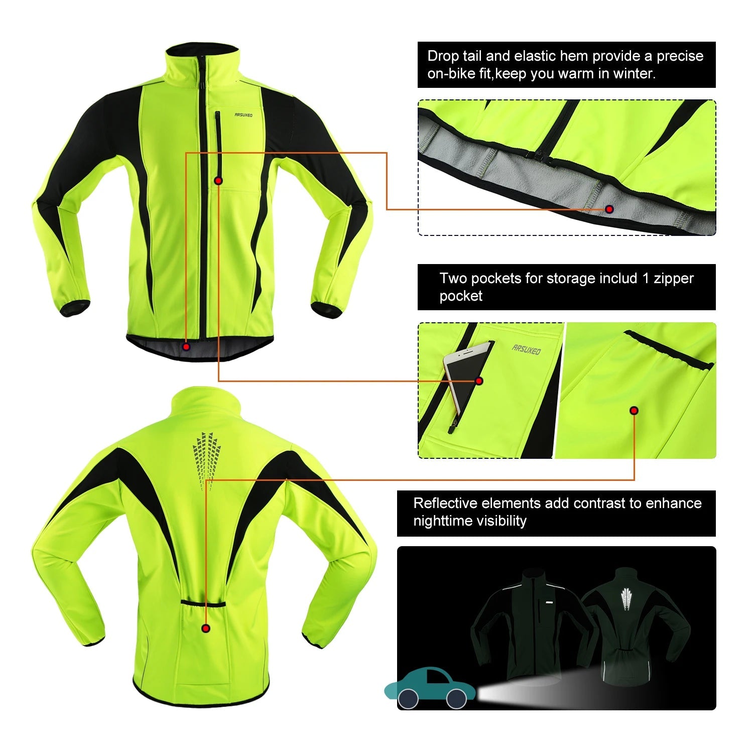 ARSUXEO Thermisch Fietsjack - Reflecterend Softshell Wielerjas voor Heren - Bivakshop
