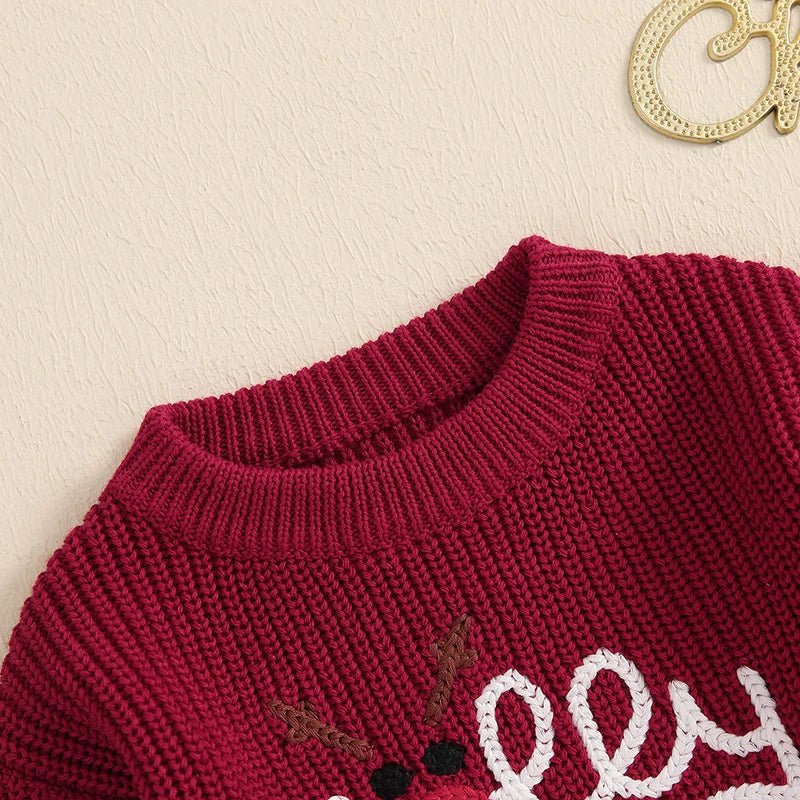 Baby kersttrui - Rendier en letter borduurwerk - Lange mouwen - Warme winterpullover - Bivakshop