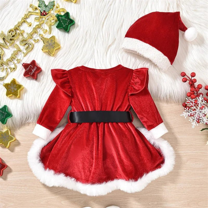 Baby meisjes kerst romper - Fluweel met terry trim - Lange mouwen en kerstmuts - Bivakshop