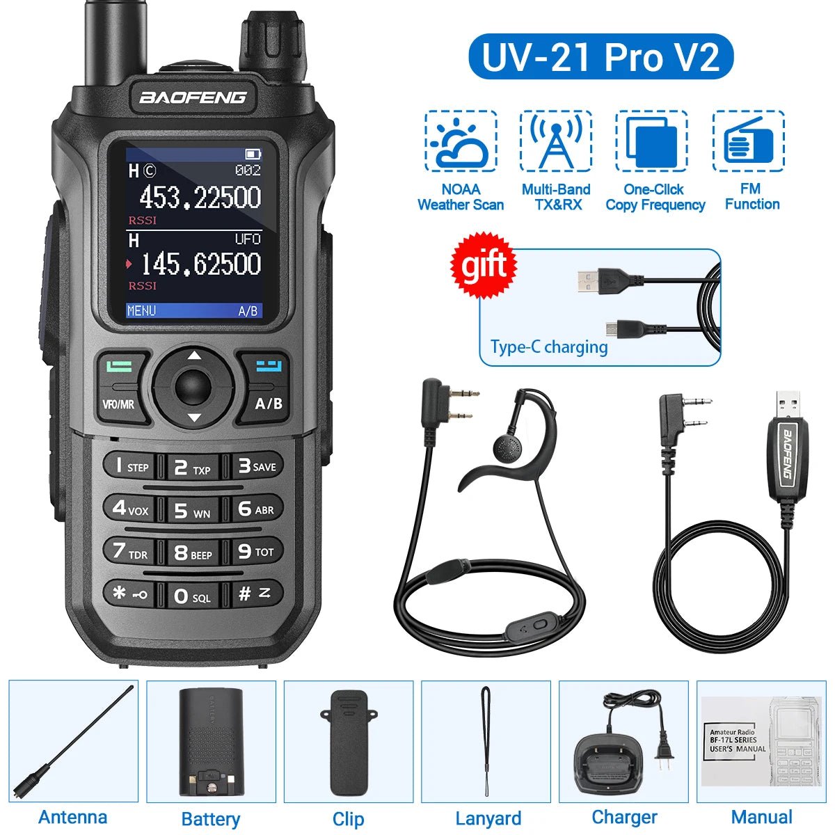 Baofeng UV - 21 Pro V2 walkietalkie – Krachtig multiband model – Groot bereik & type - c opladen - Bivakshop
