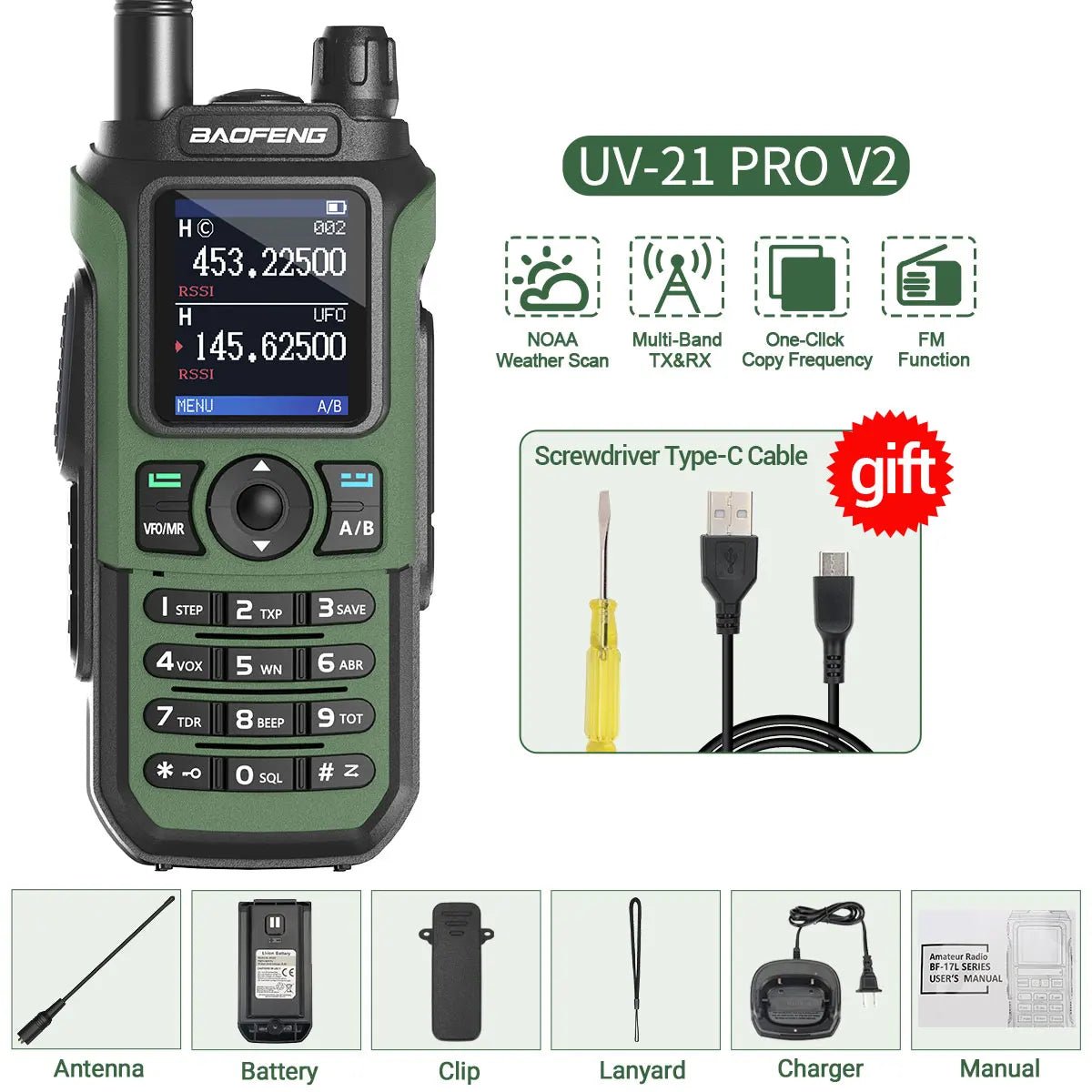 Baofeng UV - 21 Pro V2 walkietalkie – Krachtig multiband model – Groot bereik & type - c opladen - Bivakshop