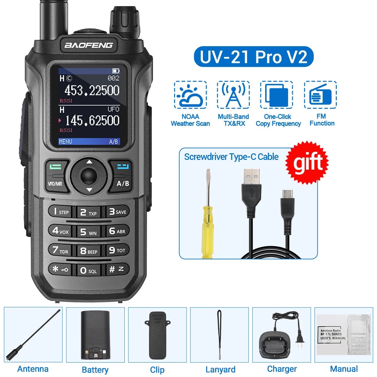 Baofeng UV - 21 Pro V2 walkietalkie – Krachtig multiband model – Groot bereik & type - c opladen - Bivakshop