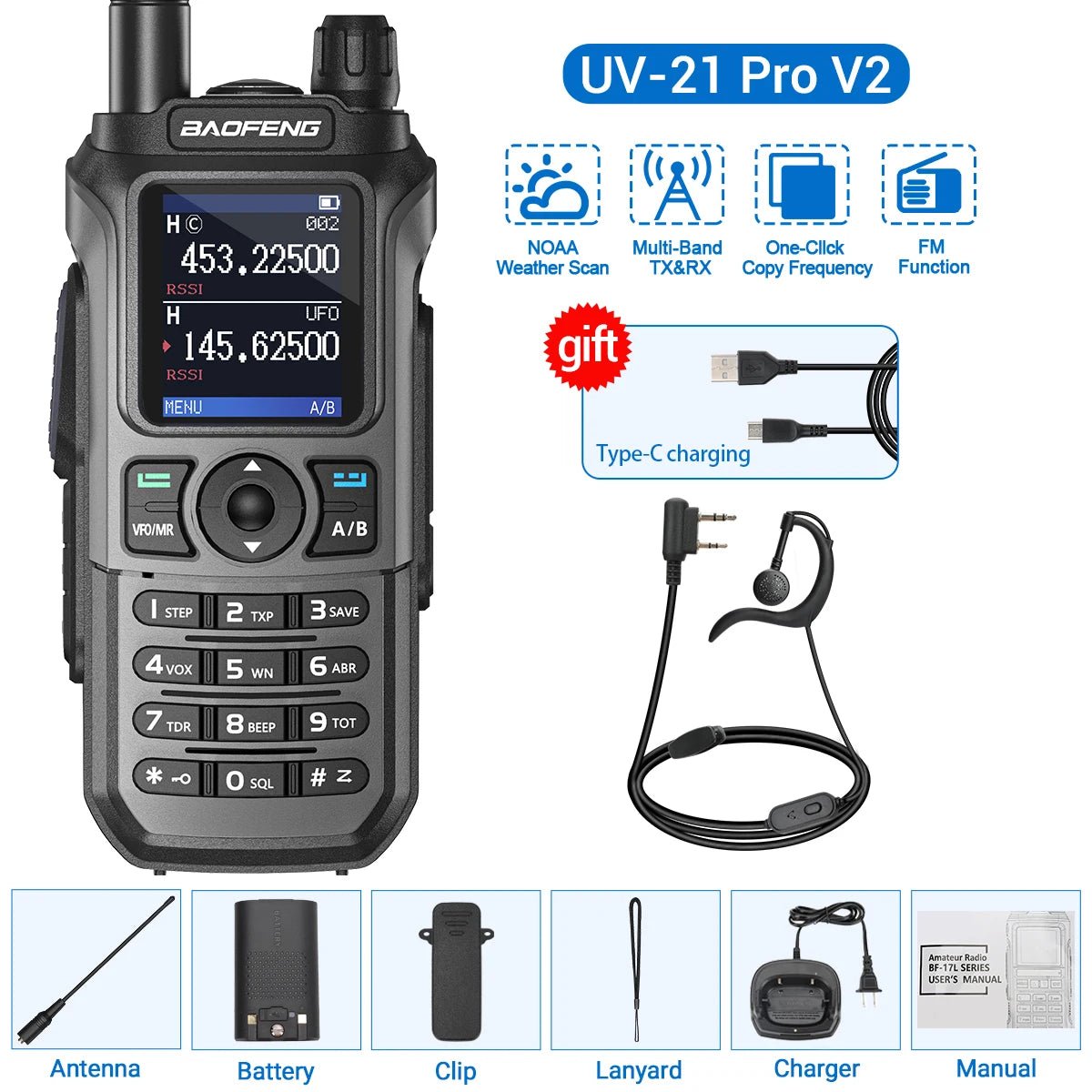 Baofeng UV - 21 Pro V2 walkietalkie – Krachtig multiband model – Groot bereik & type - c opladen - Bivakshop