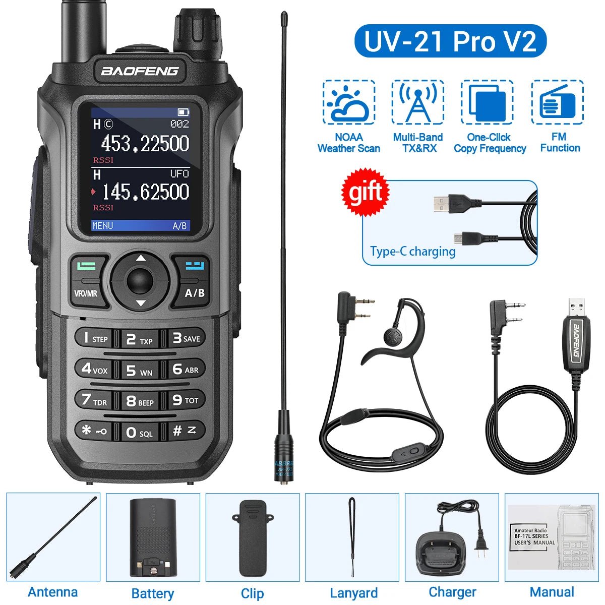 Baofeng UV - 21 Pro V2 walkietalkie – Krachtig multiband model – Groot bereik & type - c opladen - Bivakshop