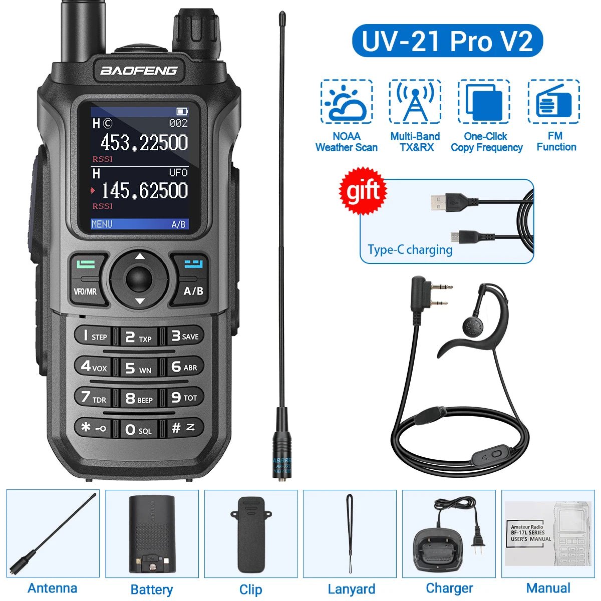 Baofeng UV - 21 Pro V2 walkietalkie – Krachtig multiband model – Groot bereik & type - c opladen - Bivakshop