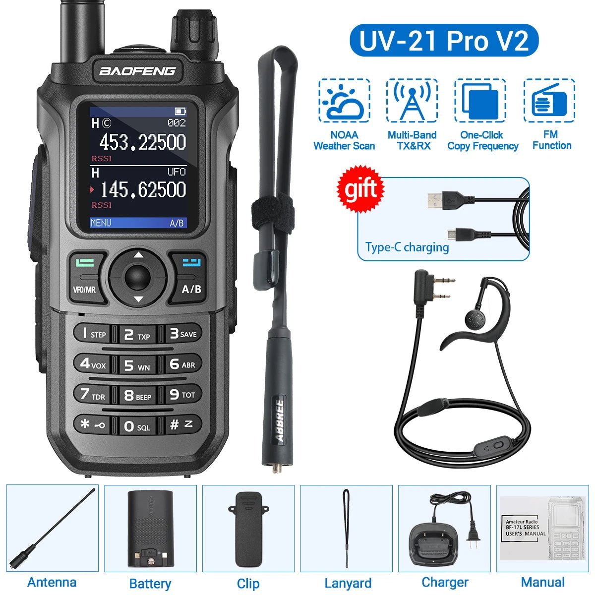 Baofeng UV - 21 Pro V2 walkietalkie – Krachtig multiband model – Groot bereik & type - c opladen - Bivakshop