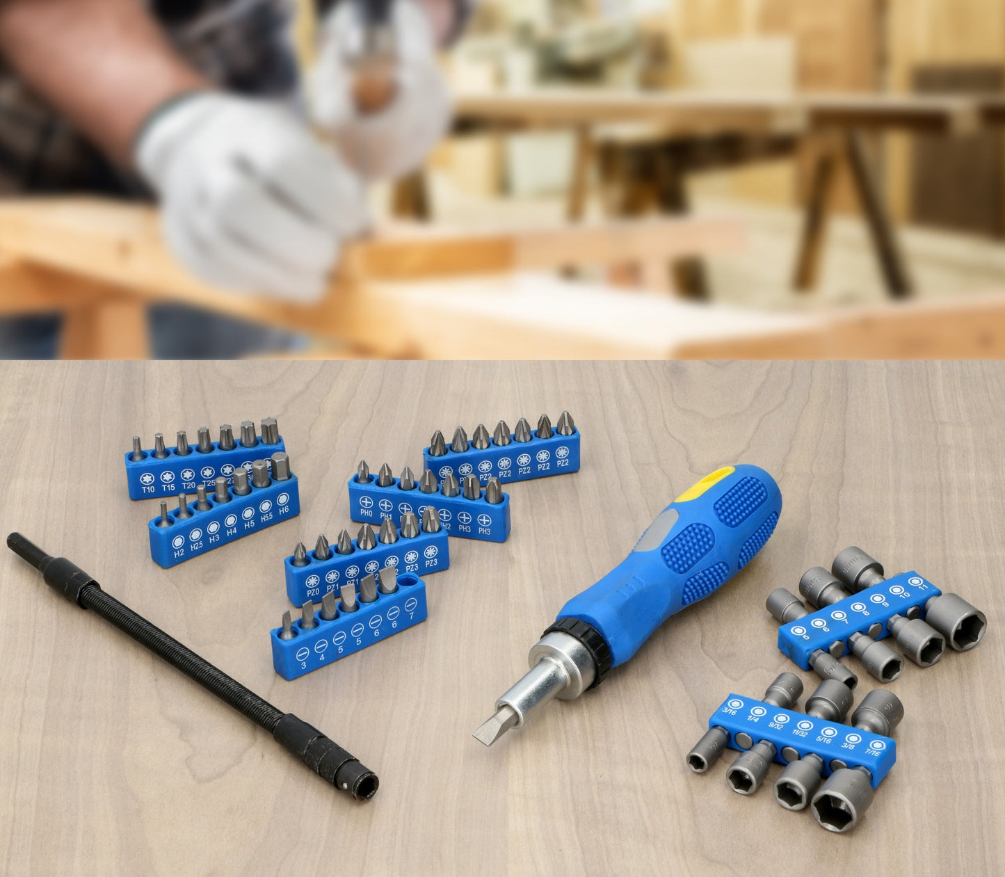 Bitset/Doppenset/Ratelset - 58 - delige kinzo gereedschapset - Ratel en flexibel verlengstuk - Bivakshop