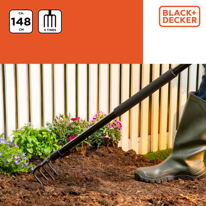 BLACK+DECKER – Cultivator/tuinhark – 4 - tands koolstofstaal – Glasvezelsteel - Bivakshop