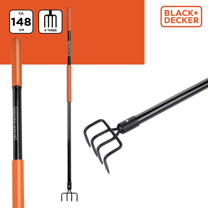 BLACK+DECKER – Cultivator/tuinhark – 4 - tands koolstofstaal – Glasvezelsteel - Bivakshop