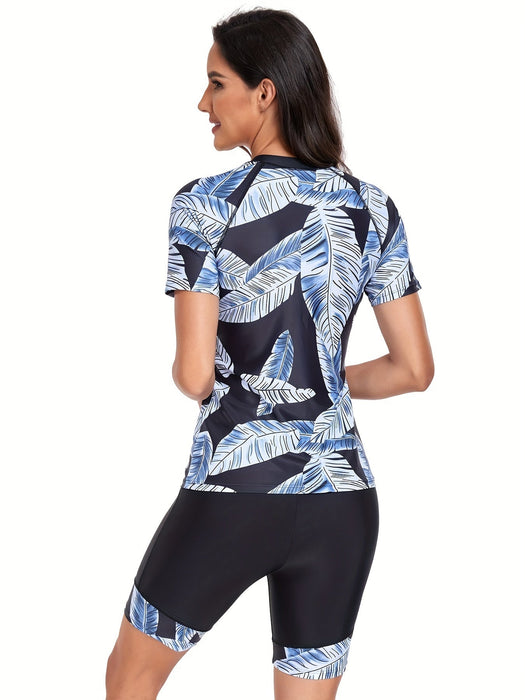 Bladerenprint 2 delige zwempak - Dames sportief badpak - Met korte mouwen en halve rits - Bivakshop