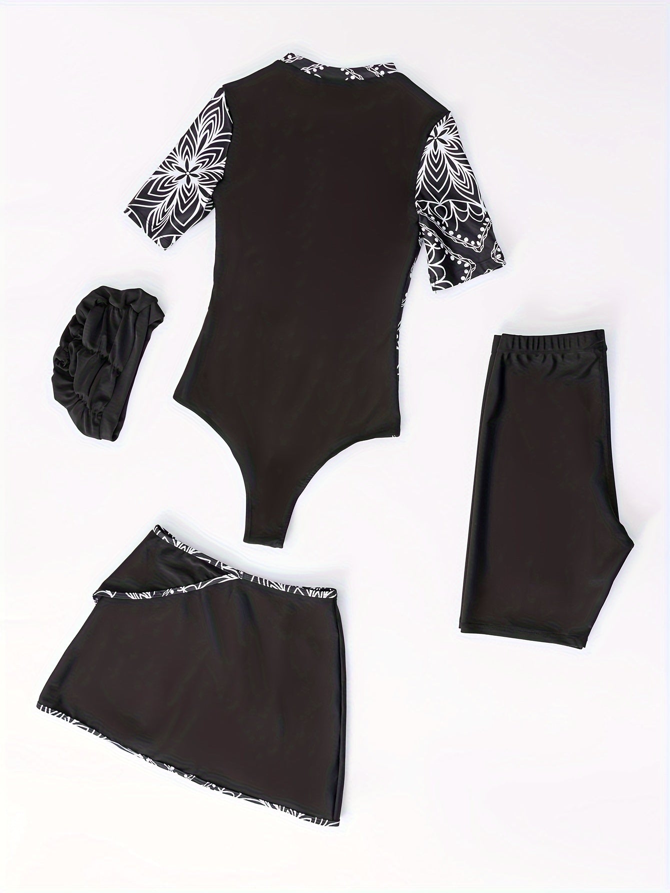 Bloemenprint badpak met rits - 4 delige set met zwemshorts - Cover up en zwemhoed - Bivakshop