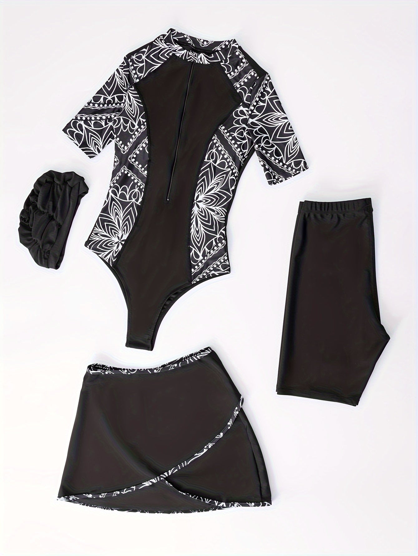 Bloemenprint badpak met rits - 4 delige set met zwemshorts - Cover up en zwemhoed - Bivakshop