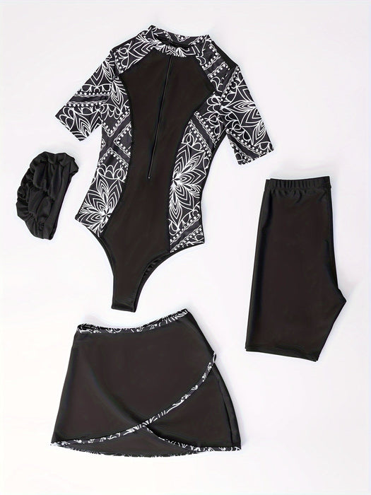 Bloemenprint badpak met rits - 4 delige set met zwemshorts - Cover up en zwemhoed - Bivakshop