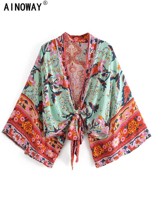 Boho vintage floral print - Kort kimono strand zomer v hals - Dames bohemian - Bivakshop