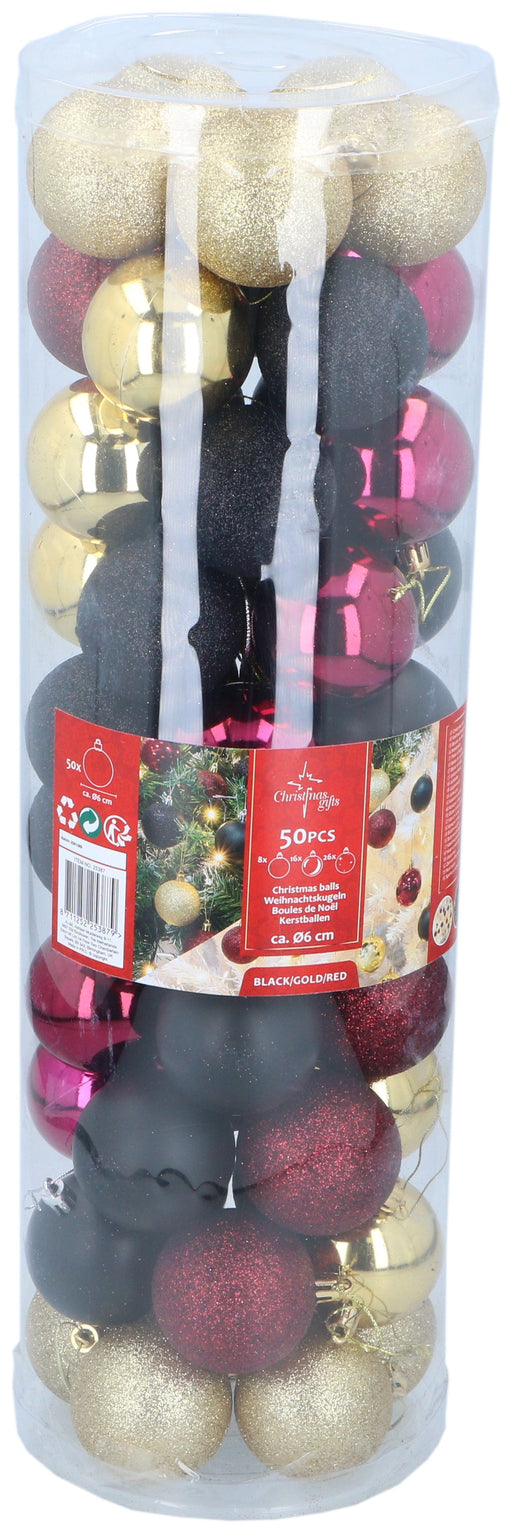 Christmas Gifts – Kerstballenset 50 stuks – Onbreekbaar – Rood, zwart & goud - Bivakshop