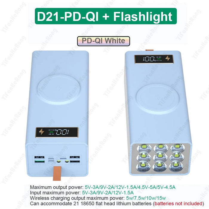 D21 18650 Power Bank Case – QC3.0 Snellader 15W – Opslag voor 21x 18650 Batterijen – Draadloos Opladen & Zaklamp - Bivakshop