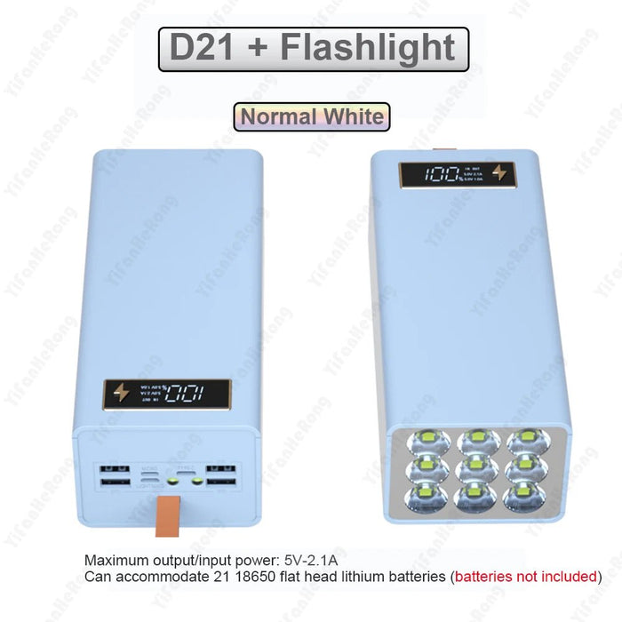 D21 18650 Power Bank Case – QC3.0 Snellader 15W – Opslag voor 21x 18650 Batterijen – Draadloos Opladen & Zaklamp - Bivakshop