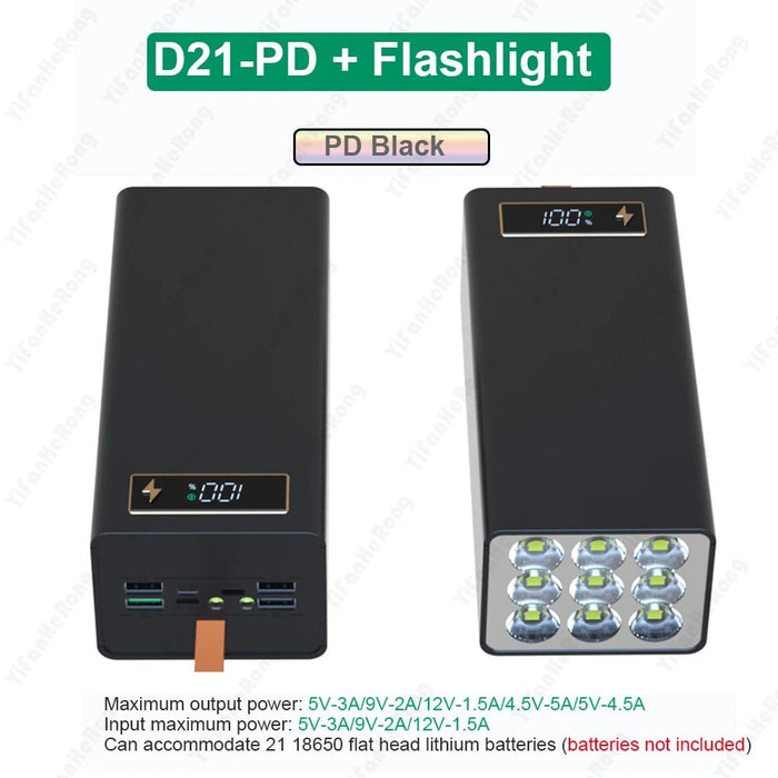 D21 18650 Power Bank Case – QC3.0 Snellader 15W – Opslag voor 21x 18650 Batterijen – Draadloos Opladen & Zaklamp - Bivakshop