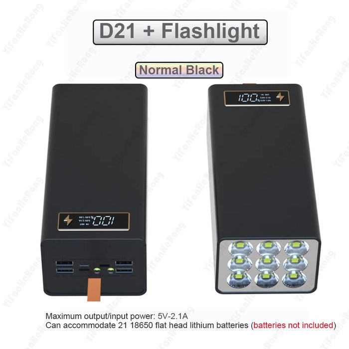 D21 18650 Power Bank Case – QC3.0 Snellader 15W – Opslag voor 21x 18650 Batterijen – Draadloos Opladen & Zaklamp - Bivakshop