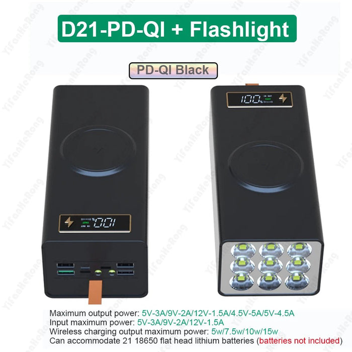 D21 18650 Power Bank Case – QC3.0 Snellader 15W – Opslag voor 21x 18650 Batterijen – Draadloos Opladen & Zaklamp - Bivakshop