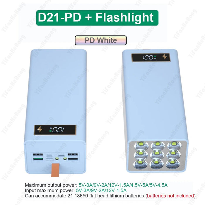 D21 18650 Power Bank Case – QC3.0 Snellader 15W – Opslag voor 21x 18650 Batterijen – Draadloos Opladen & Zaklamp - Bivakshop