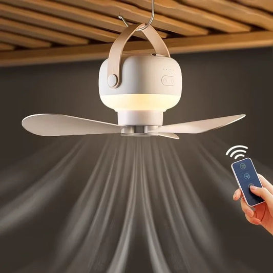Draagbare draadloze plafondventilator – Mini USB ventilator met licht, afstandsbediening & standaard voor thuis en outdoor - Bivakshop
