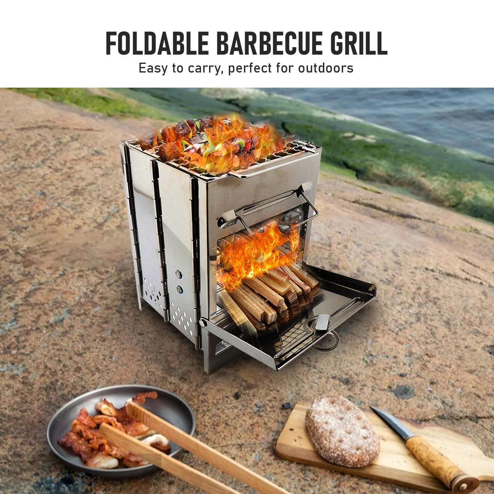 Draagbare RVS houtskoolgrill - Opvouwbare mini BBQ - Lichtgewicht kampeerbarbecue voor buiten, tuin & picknick - Bivakshop